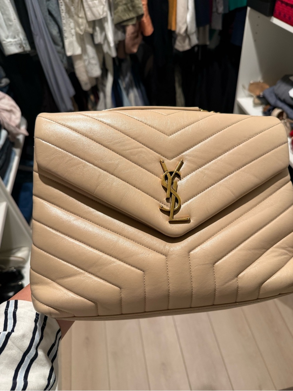 Saint Laurent Beige Quilted Chevron Leather Shoulder Bag with Gold YSL